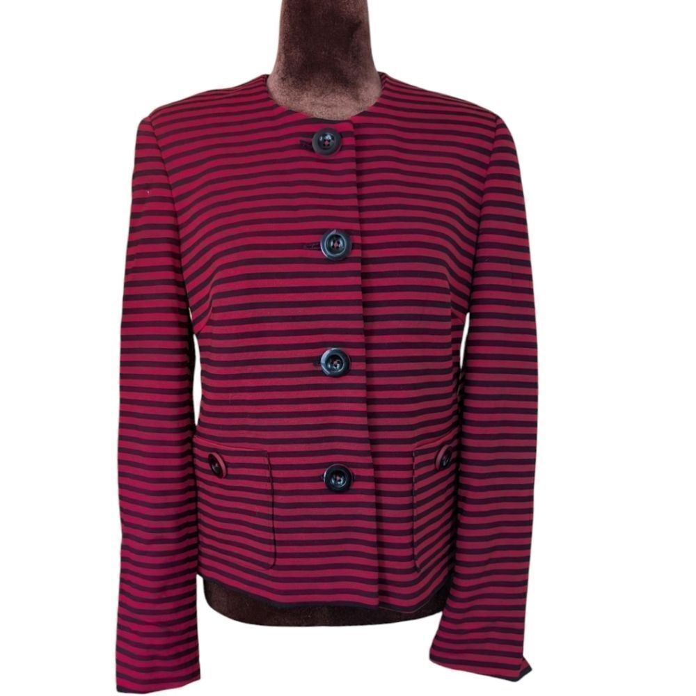 Casual Striped Red and Black Women's Blazer Collarless Size M Us 8